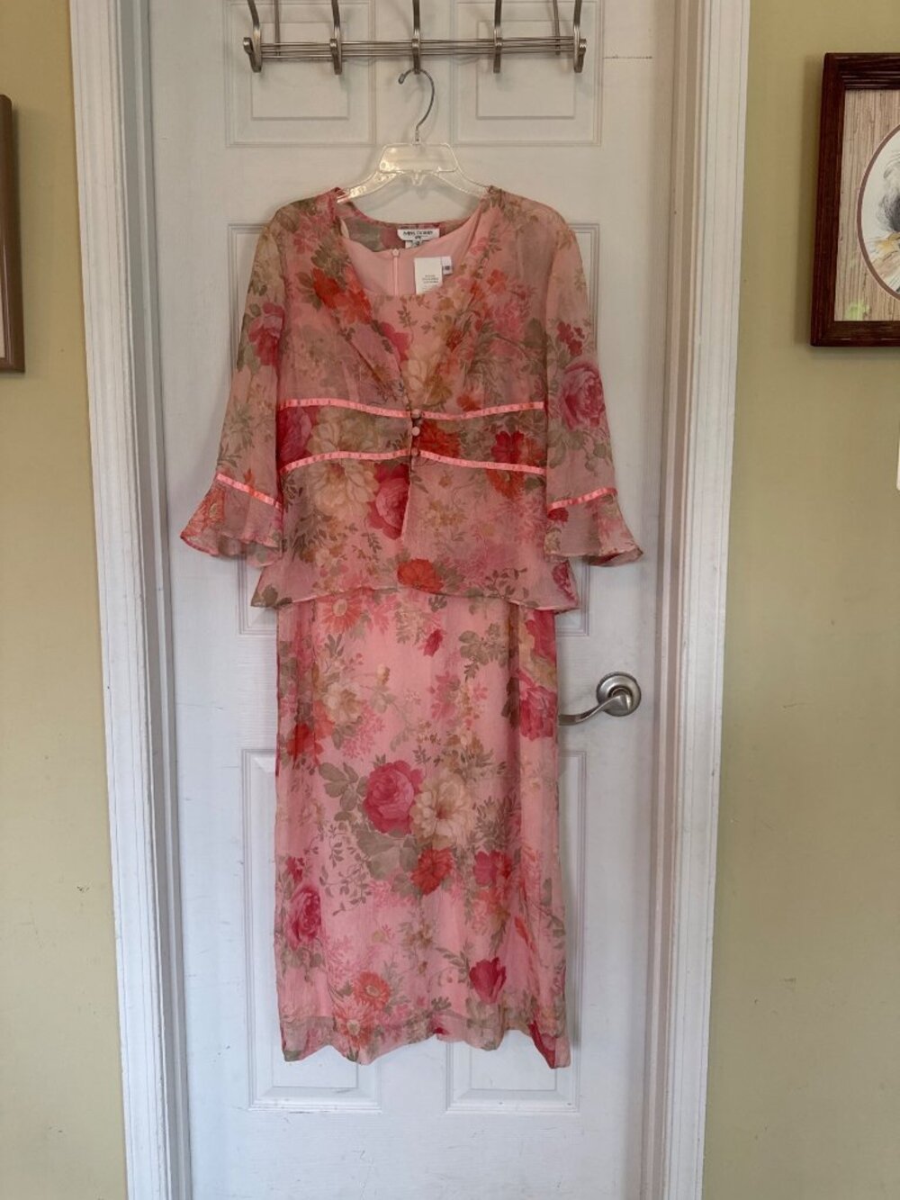 Vintage 90s Miss Dorby Pink Floral Sleeveless Midi Dress Jacket Sheer Lined 12 - Picture 3 of 14